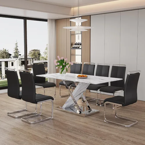 Vista 13 de Juego de mesa de comedor de mármol para mesa rectangular blanca de 6.63 pulgadas con marco de metal plateado en forma de X y 6 sillas de comedor