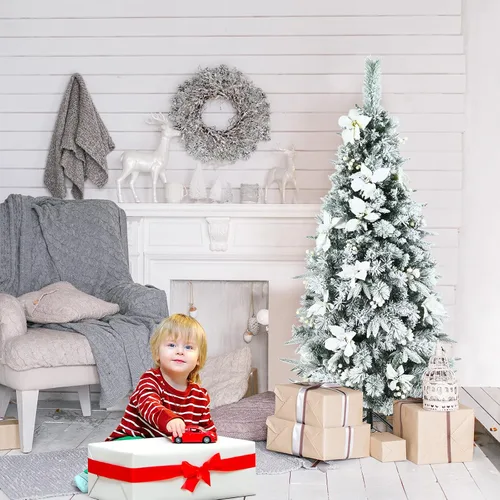Vista 4 de COSTWAY Árbol de Navidad artificial flocado de nieve de 5 pies, árbol falso de Navidad con 339 puntas de rama, 228 bayas blancas y flores de pascua