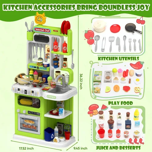 Vista 6 de DRAMATION Juego de Cocina para Niños, Cocina de Juego de 36.22'' para Niños Pequeños de 1-3 con Vapor, Sonido y Luz, Estufa de Cocina, Fregadero