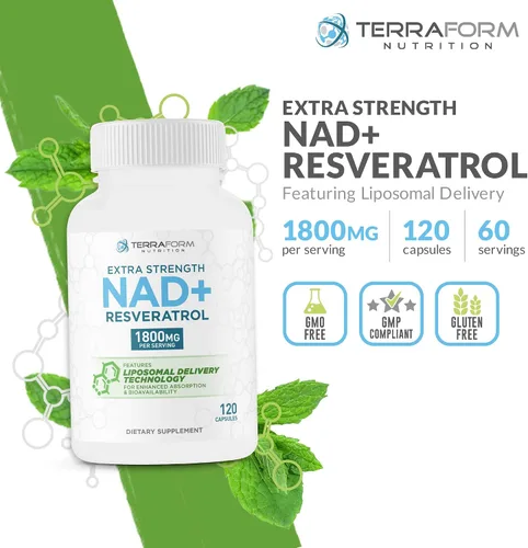 Vista 2 de Suplemento liposomal NAD+ Resveratrol – 1500 mg NAD+ y 300 mg 98% Trans-Resveratrol – Suministro de 60 días – Complejo NAD+ avanzado para energía
