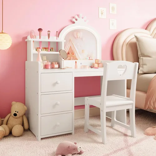 Vista 8 de Juego de mesa y silla para niños con espejo de luz y 3 cajones Rosa