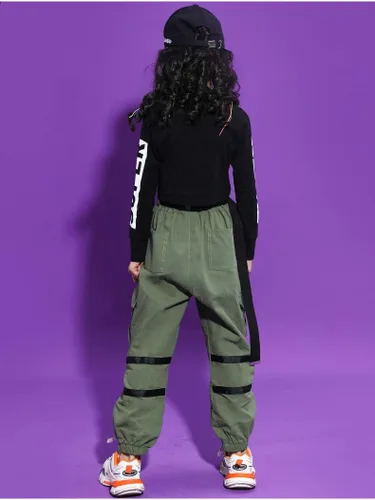 Vista 2 de LOLANTA Conjuntos de ropa para niñas, trajes de baile de jazz de manga larga, tops cortos de estilo cargo hip hop
