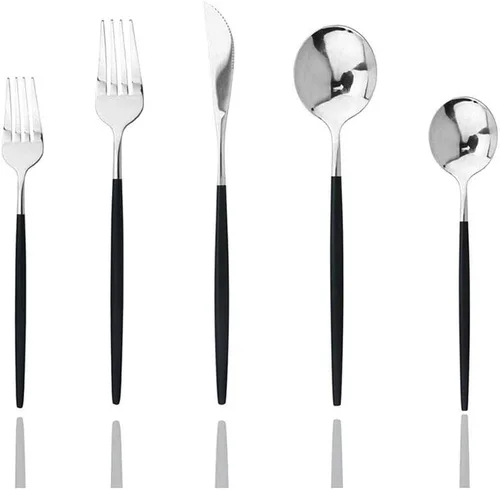 Vista 15 de JASHII Juego de cubiertos de acero inoxidable con acabado satinado, 30 piezas, cubiertos pulidos con espejo para el hogar y el restaurante, aptos