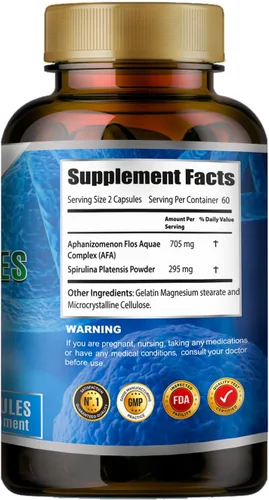 Vista 3 de Celulas Madres AFA Stem Natural Cell 120 Cápsulas 1000 mg Algas Azul Verde Sin OMG Sin Gluten Aphanizomenon Flos-aquae celula Madre suplemento