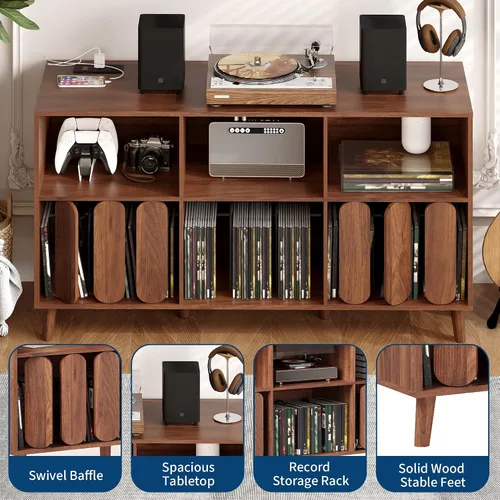 Vista 7 de Soporte grande para tocadiscos, mesa de tocadiscos, soporte de almacenamiento de discos de vinilo, organizador de armarios con toma de corriente