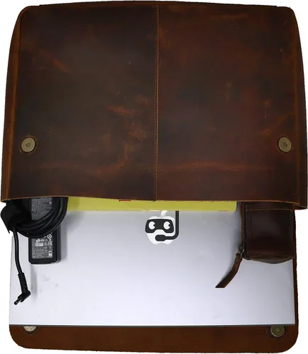 Vista 4 de Carpeta de cuero, organizador de carpetas de archivos de cuero de grano completo, portafolio para hombres, funda de cuero espaciosa para portátiles