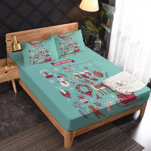 Vista 2 de Juego de sábanas tamaño individual: sábanas de Navidad, sábanas y fundas de almohada para niños, color turquesa, microfibra suave, bolsillo profundo