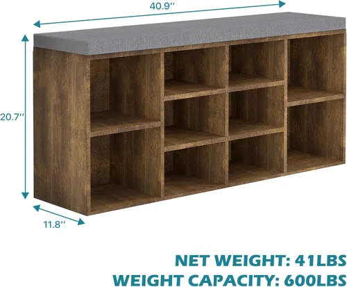 Vista 3 de Banco de almacenamiento de 10 compartimientos, zapatero de 3 niveles, estante ajustable, cojín extraíble, negro, madera de ingeniería Marrón