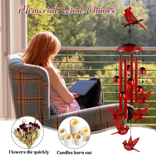 Vista 6 de YHmall Campanillas de viento cardenales para exteriores, regalos cardenales para mujeres, tonos relajantes, campanillas de viento conmemorativas