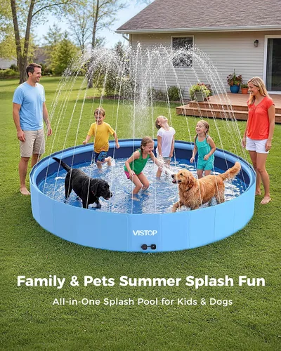 Vista 8 de VISTOP Piscina plegable para perros de 97 pulgadas con rociador, piscina grande de carcasa dura para mascotas, piscina plegable antideslizante