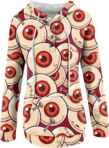 Vista 2 de Sudaderas con capucha de Halloween para mujer, clásicas, de manga larga, con estampado de calabaza, con bolsillos