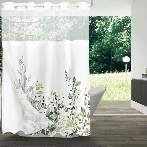 Vista 91 de Tititex - Juego de cortinas de ducha de eucalipto negro, hojas de acuarela gris en la parte superior, con decoración floral de baño, 60 x 72