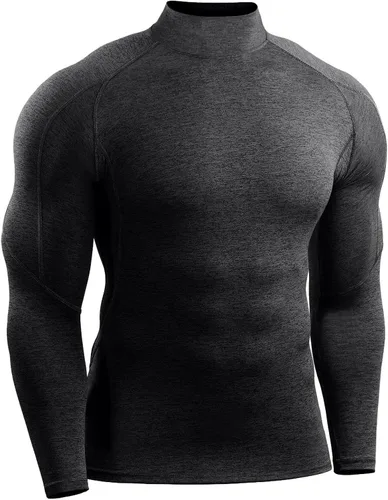 Vista 4 de Camisa de compresión para hombre, cuello alto falso raglán de manga larga, camiseta interior elástica de capa base atlética