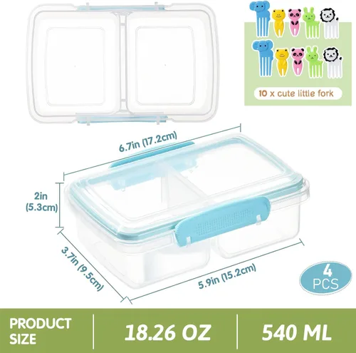 Vista 9 de Paquete de 4 recipientes de plástico para aperitivos con tapas, contenedor de alimentos de 2 compartimentos para caja de aperitivos para niños
