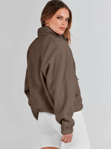 Vista 6 de ANRABESS Chaqueta de forro polar mullido para mujer, estilo casual, manga larga, recortada, con botones, con bolsillos