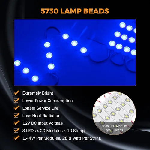 Vista 2 de BEAMNOVA Luz comercial azul extremadamente brillante de 100 pies para negocios, 200 módulos de 3 LED, tira de luces adhesivas impermeables de 12 V