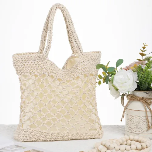 Vista 5 de TENDYCOCO Bolso tejido a mano de paja para el hombro, bolso de playa de verano tejido hecho a mano para mujeres, beige, 11.8 x 9.8 x 3.9 in, Beige