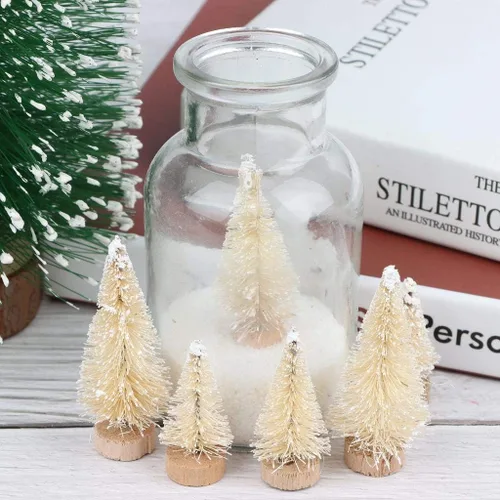 Vista 5 de 14 mini árboles de sisal con base de madera, árboles de pino de Navidad artificiales, adornos para nieve de invierno, escenas en miniatura