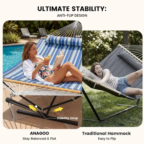 Vista 3 de ANAGOO Hamaca doble con soporte, hamaca de exterior resistente para dos, capacidad de 500 libras, marco de acero estable con correa de equilibrio