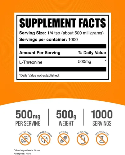 Vista 2 de BulkSupplements. com L-treonina en polvo - Suplemento de treonina, suplemento de aminoácidos - aminoácidos esenciales, sin gluten, 500 mg por