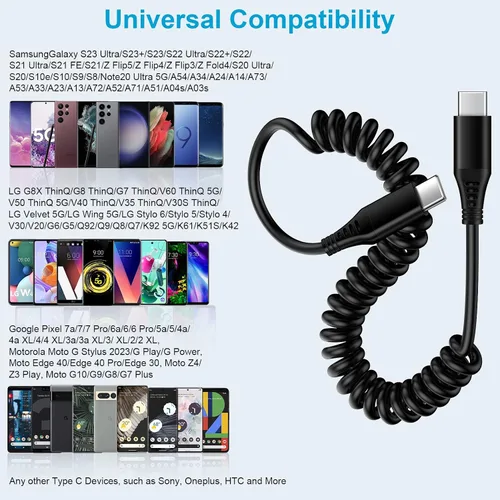 Vista 7 de Cable USB C retráctil, paquete de 2 cables de carga rápida USB-C a tipo C de 3 pies para automóvil, cable de carga USB-C para Samsung Galaxy S26 S25