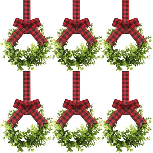 Vista 9 de 6 Piezas Coronas Pequeñas de Navidad para Gabinete de Cocina 9" Mini Coronas Artificiales de Boj de Navidad con Lazo de Cinta Decoración de Fiesta