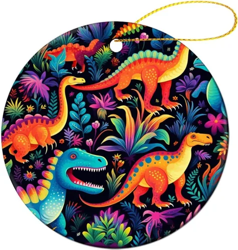 Vista 9 de Adorno colorido con patrón de dinosaurio de 3 pulgadas, adorno de Navidad de cerámica de 3 pulgadas, bonito adorno de Navidad de dibujos animados