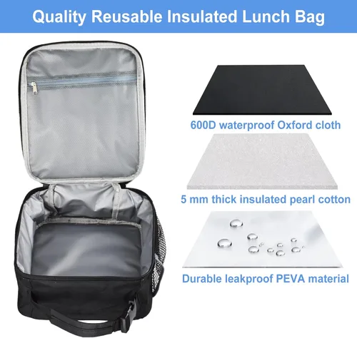 Vista 3 de Lonchera aislada, a prueba de fugas, portátil, para mujeres, hombres, niños y niñas, bolsa enfriadora de gran capacidad con asa y bolsillo para Negro