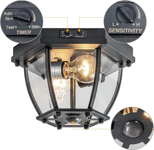 Vista 5 de Lámpara de techo empotrada con sensor de movimiento, 2 luces de porche al aire libre, montaje en techo, impermeable, negro mate, lámpara de techo