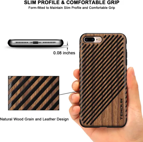 Vista 3 de TENDLIN Funda para iPhone 8 Plus/iPhone 7 Plus con grano de madera exterior suave TPU silicona híbrida funda delgada para iPhone 7 Plus y iPhone 8