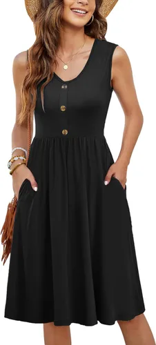 Vista 18 de MOLERANI - Vestidos de verano para mujer, sin mangas, casual, sueltos, acampanados, midi, con botones, con bolsillos Estampado Azul Marino Blanco