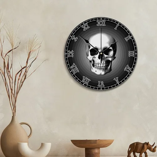Vista 6 de ArogGeld Reloj de pared de esqueleto con huesos de calavera de 10 pulgadas, gótico, moderno, funciona con pilas, sin tictac, vintage, de madera