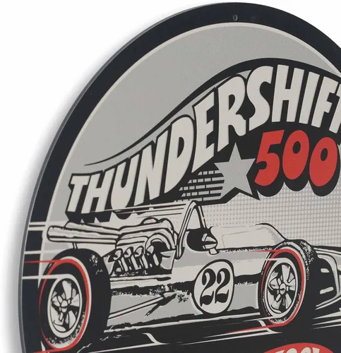 Vista 4 de Mattel Hot Wheels Thundershift 500 Letrero Redondo de Metal Vintage – Letrero de Hot Wheels para Dormitorio de Niños, Sala de Juegos o Caverna