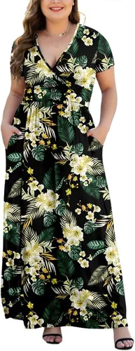 Vista 15 de Maxi vestido casual para mujer, diseño de manga corta con cuello en V y bolsillos, tallas L-5XL A01-negro