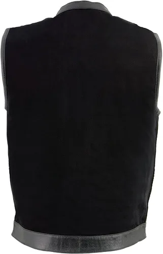 Vista 9 de Milwaukee Leather MDM3010 - Chaleco de motociclista estilo club de mezclilla negra para hombre con ribete de cuero y cremallera oculta