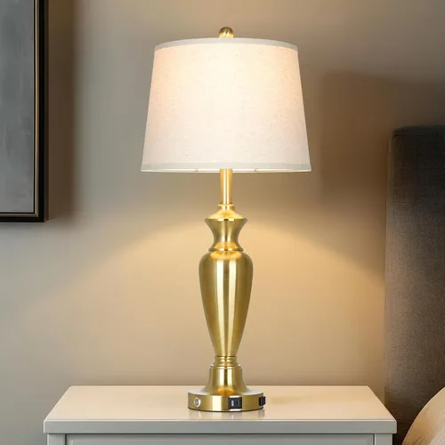 Vista 13 de Juego de 2 lámparas de mesa de metal plateado de 26 pulgadas para dormitorios, lámparas de noche con control táctil para mesita de noche con puerto