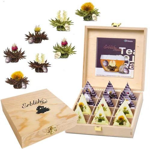 Vista 8 de Creano Abloom Tea - Set de regalo floreciente en caja de madera, 12 piezas en 3 variaciones, negro