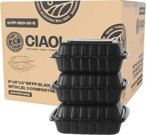 Vista 24 de CIAO! Contenedor negro con bisagras MFPP de 6"x6"x3" con tapa, 1 compartimento (caja de 300)