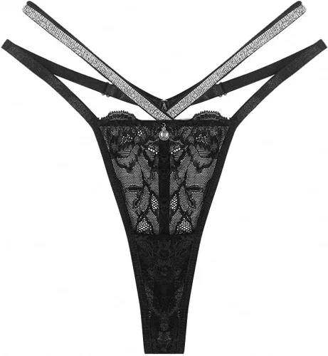 Vista 14 de Women G-String Butterfly Embroidery Lace T Back Bikini Underwear Low-Waist Thongs Briefs Negro (Black Lace)