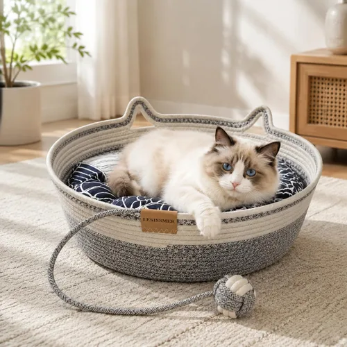 Vista 9 de Cesta de cama para gatos de interior Cuerda de algodón tejida a mano con Gris