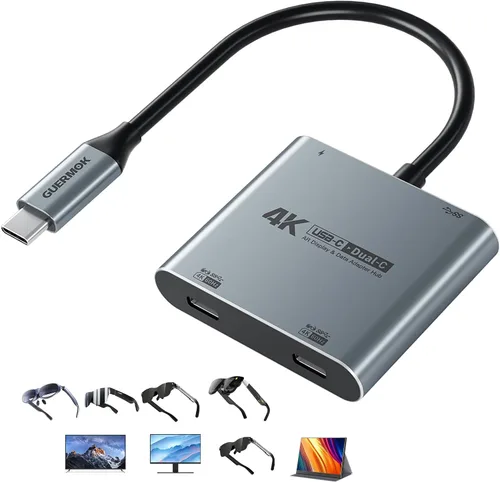 Vista 10 de Guermok Hub de pantalla USB-C dual 4 en 1, video 4K a 60Hz, carga rápida PD 100W y USB 3.0 5Gbps, compatible con gafas AR, Switch 2, computadoras