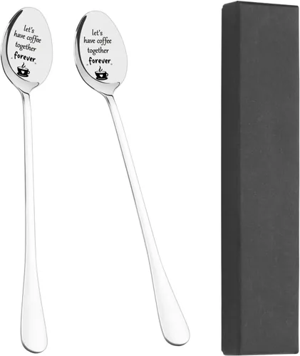 Vista 4 de Cucharas de café grabadas, cuchara de acero inoxidable personalizada, 2 cucharas de mango de 7.5 pulgadas de largo, regalos para amantes, mejores