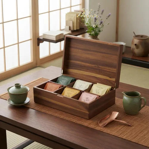 Vista 3 de Caja organizadora de bolsas de té de madera de acacia, bolsa de té Natural Marrón