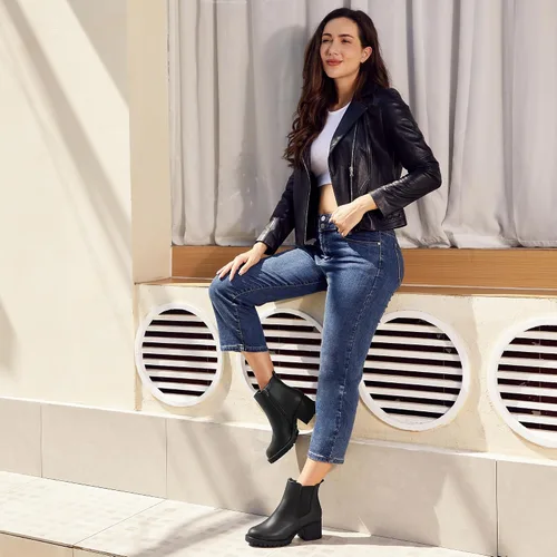 Vista 4 de JABASIC Botines Chelsea para mujer, tacón bajo y grueso, con plataforma elástica, sin cordones