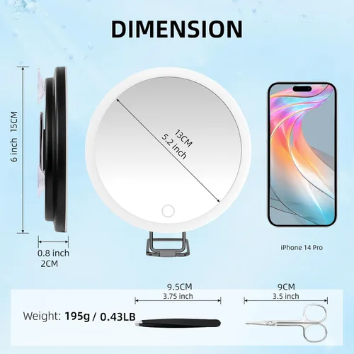 Vista 5 de Espejo de aumento recargable de 6 pulgadas iluminado 10x con ventosas y soporte de mesa 10x - negro