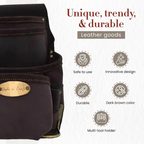 Vista 4 de Style n Craft Bolsa de herramientas y uñas de carpintero de 10 bolsillos, bolsa de herramientas de cuero resistente, perfecta y duradera, bolsa