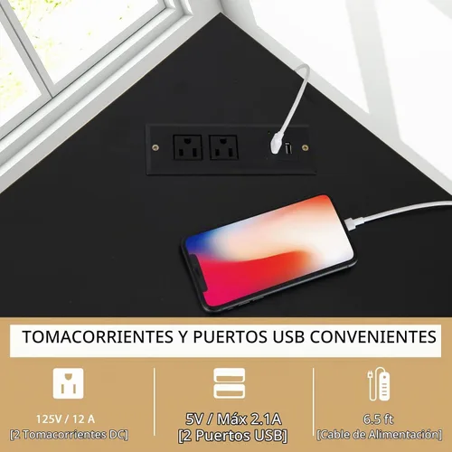 Vista 6 de Tangkula Escritorio esquinero con toma de corriente y puertos USB, escritorio triangular para computadora con estación de carga, estante de Negro