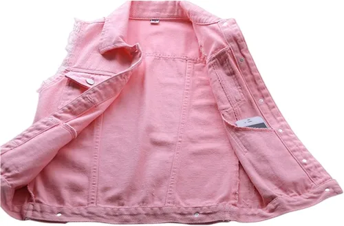 Vista 3 de JiangWu Chaleco de mezclilla para mujer, sin mangas, con botones, rasgado, casual
