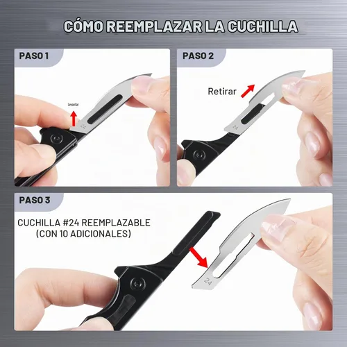 Vista 6 de ITOKEY Cuchillo de bisturí plegable, pequeño cuchillo de bolsillo de titanio con 10 cuchillas reemplazables #24, clip de bolsillo, cuchillo de negro