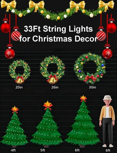 Vista 6 de echosari - Guirnalda de luces inteligentes de Navidad de 33 pies que cambian de color 100 LED Fairy Light with App, Music Sync RGB Built in Chip
